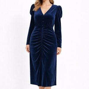 YUMI KIM. New! Puff Sleeve Blue Velvet Midi Dress.‎